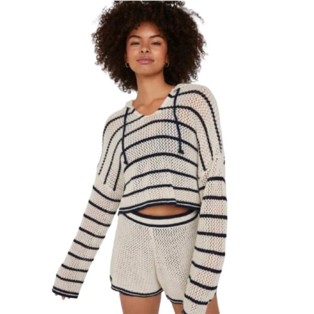 Women's S OFFLINE By Aerie Crochet Sweater Navy White Stripe Cropped Hoodie